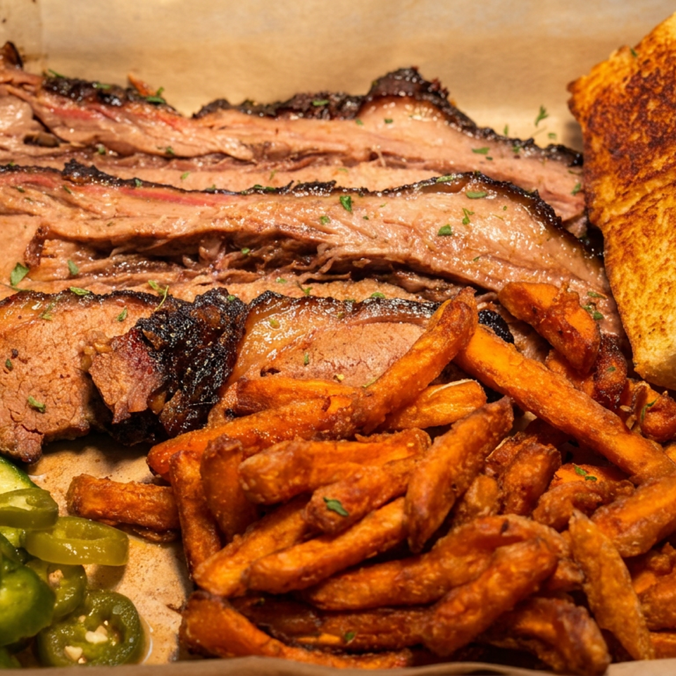 Platter of sliced smoked beef, toasted bread, sweet potato fries, pickled onions, cucumbers, and jalapeños.