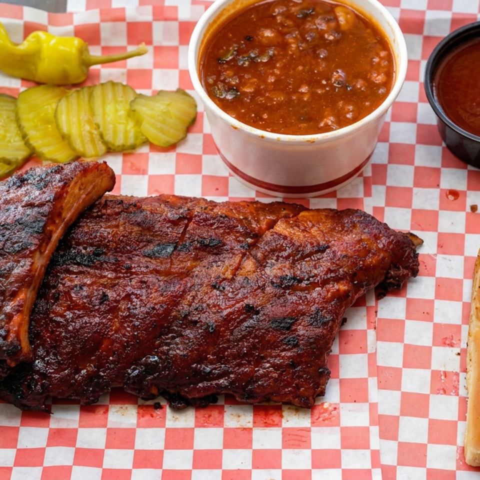 Barbecue ribs with pickles, pepper, baked beans, barbecue sauce, and two dinner rolls on red-and-white checkered paper.