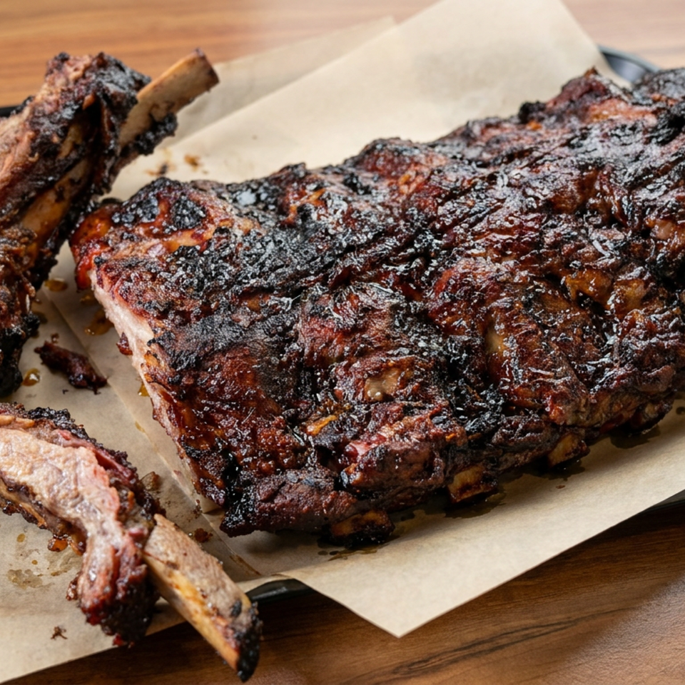 Charred barbecue ribs arranged on parchment paper atop a black tray on a wooden table.
