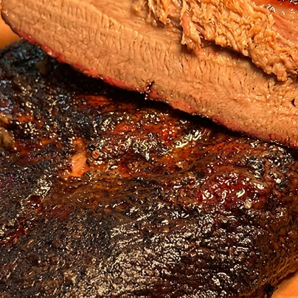 Close-up of sliced smoked brisket stacked over a dark, pepper-crusted beef steak on a wooden serving board.