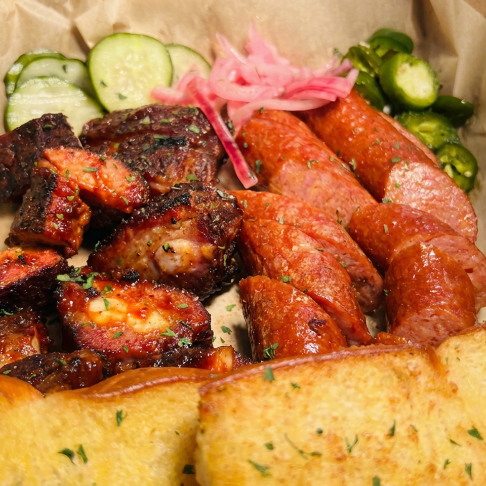 Grilled meat and sliced sausage served with garlic bread, cucumbers, peppers, and pickled onions in a paper-lined tray.