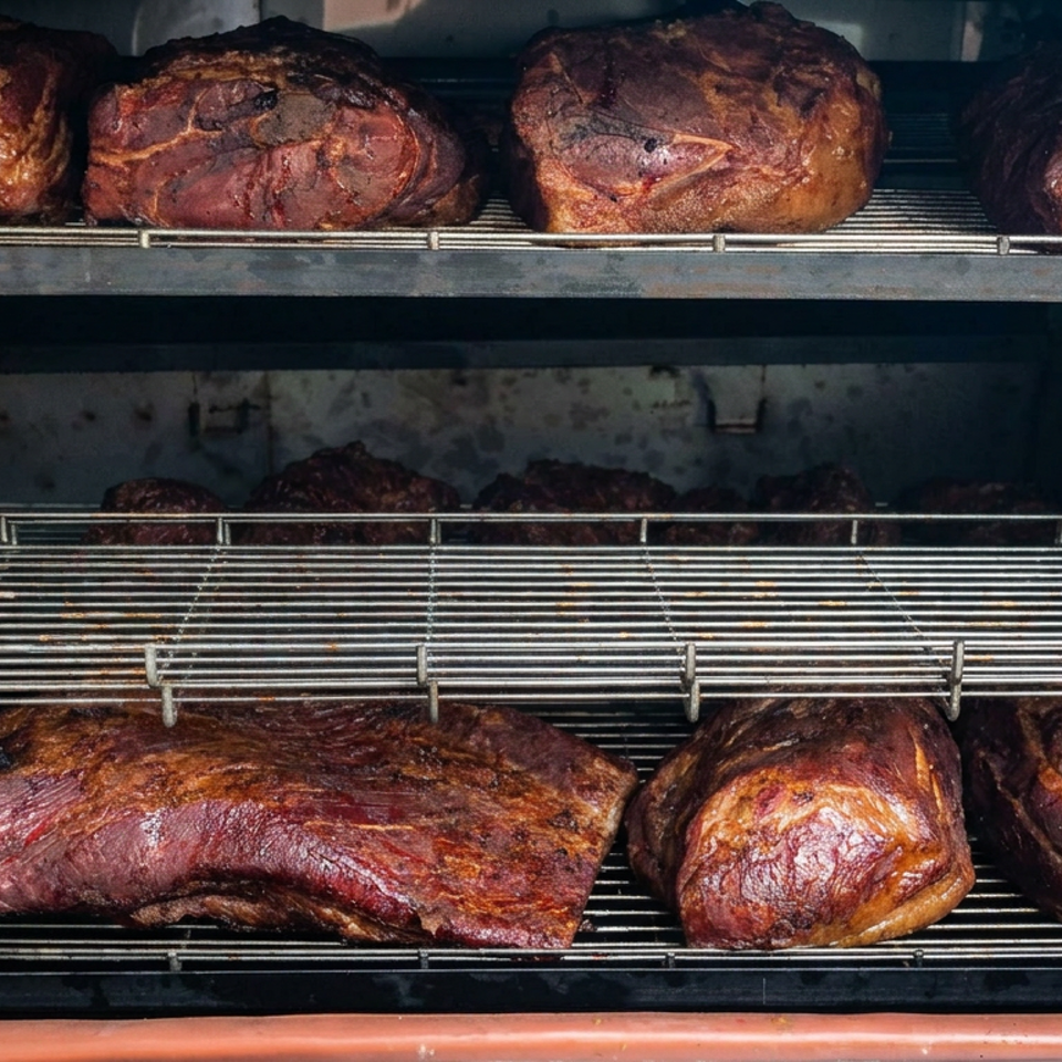 Smoked meat cuts rest on multiple racks inside a dark commercial smoker.