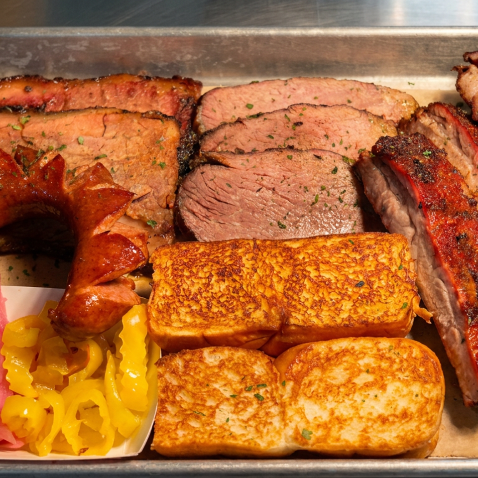 Metal tray filled with assorted smoked meats, grilled bread, sliced sausage, and pink and yellow pickled vegetables.
