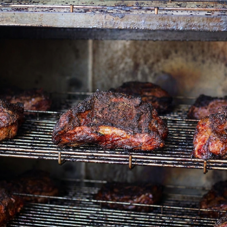 Smoked barbecue meat cooks on multiple racks inside a large commercial smoker.