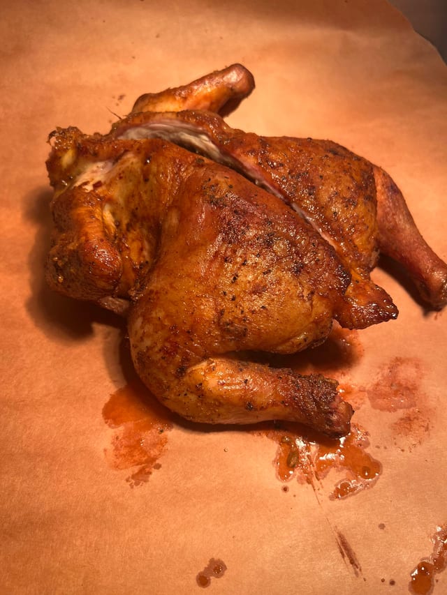 SMOKED CHICKEN BY HALF OR WHOLE.