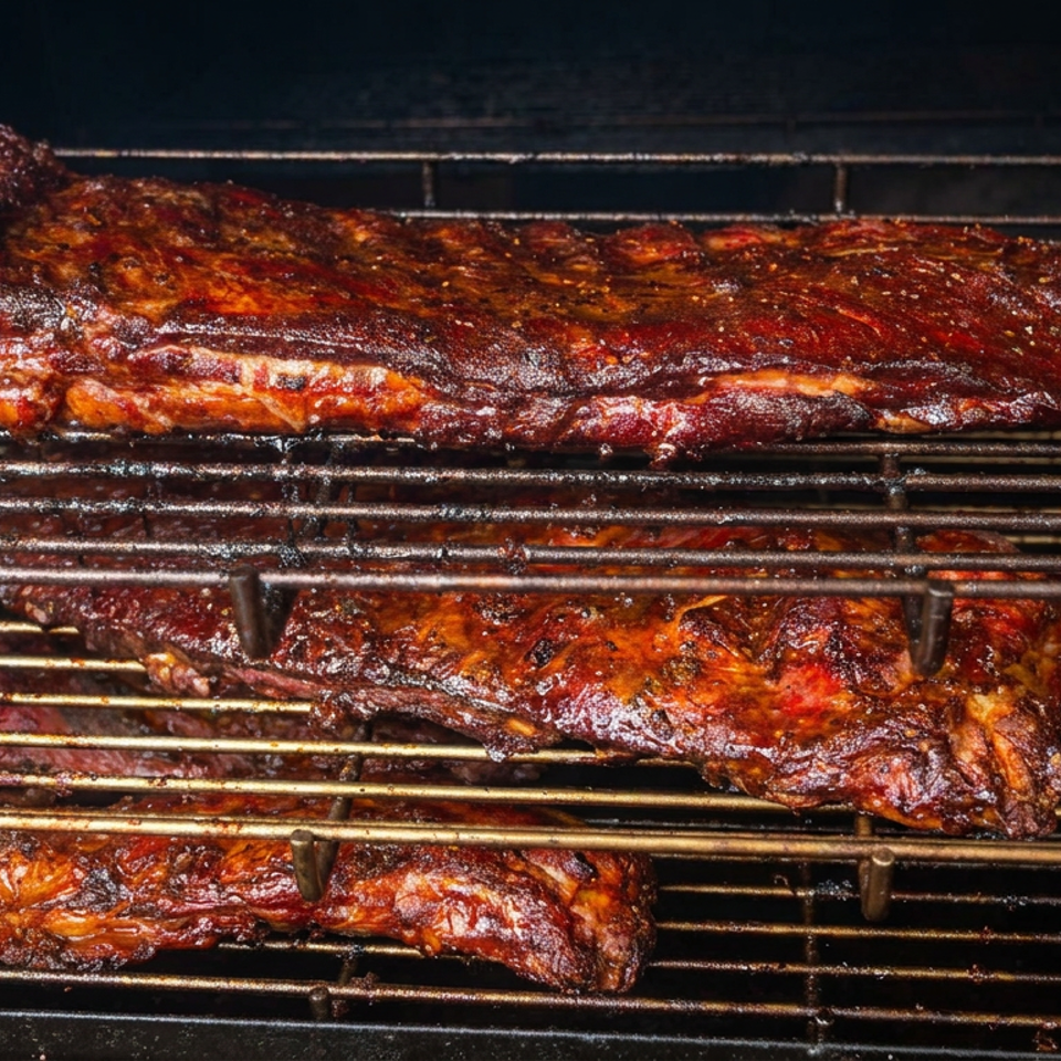 Glazed barbecue ribs cook on multiple grill racks, showing a dark caramelized crust and smoky char.