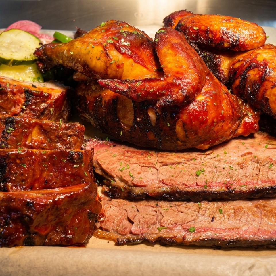 Metal tray piled with glazed barbecue ribs, roasted chicken pieces, and sliced brisket, garnished with pickles.