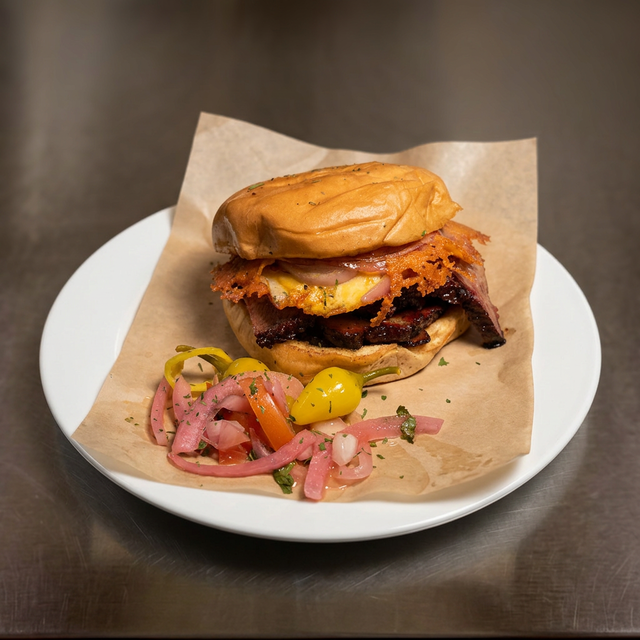 1/2 LBS BBQ CHEESE SMOKED MEAT SANDWICH.